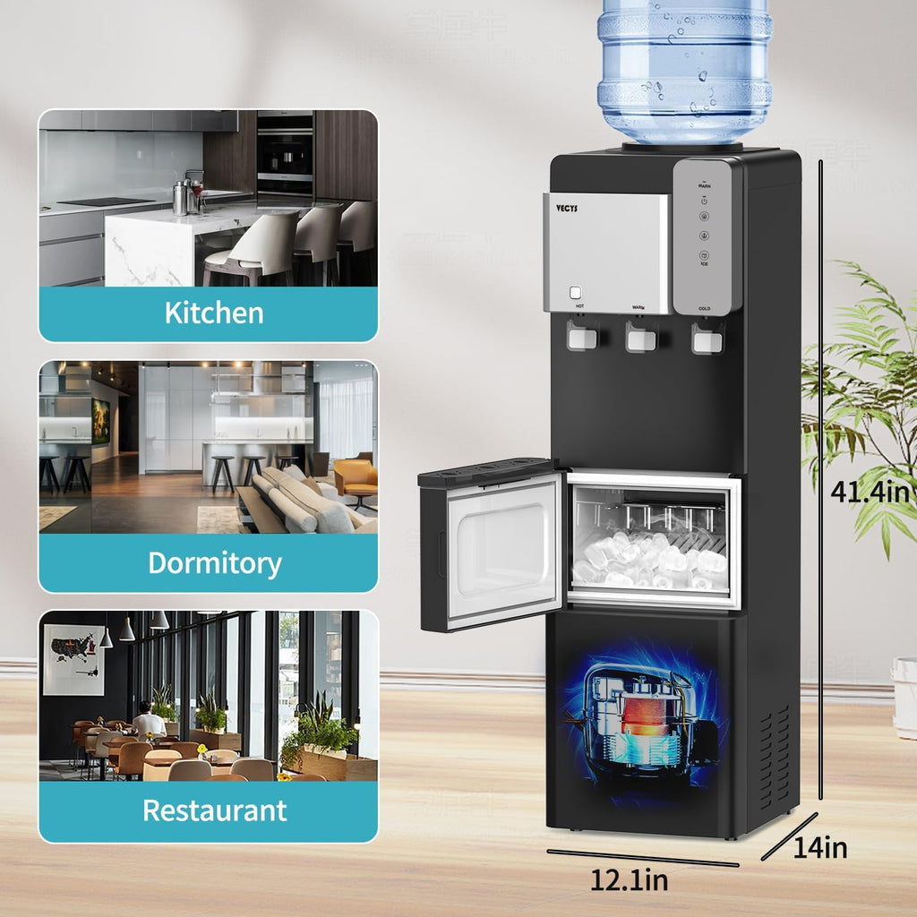 Water Dispenser Cooler with Ice Maker, 27LBS Daily Ice Making, Hot Cold Water, Child Safety Lock, Compatible with 3 or 5 Gallon Bottles I444813