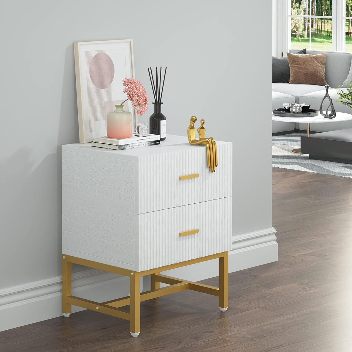 2-Drawer Nightstand with Storage Cabinet Metal Frame S3838