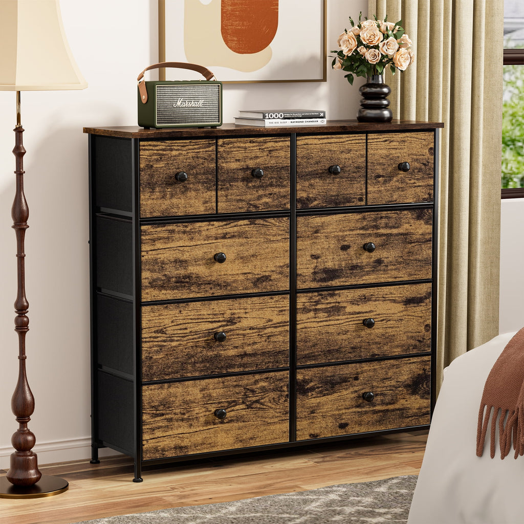 10 Drawer Fabric Dresser with Wood Top T591249