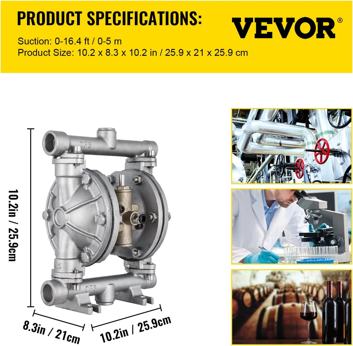 Air-Operated Double Diaphragm Pump 1/2 inch 304 Stainless Steel 12 GPM Max 115PSI Nitrile Diaphragm D13005