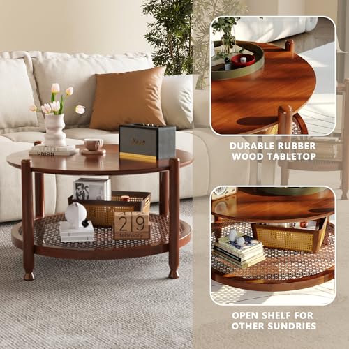 32" Round 2-Tier Wood Coffee Table with Rattan Storage Shelf U343304
