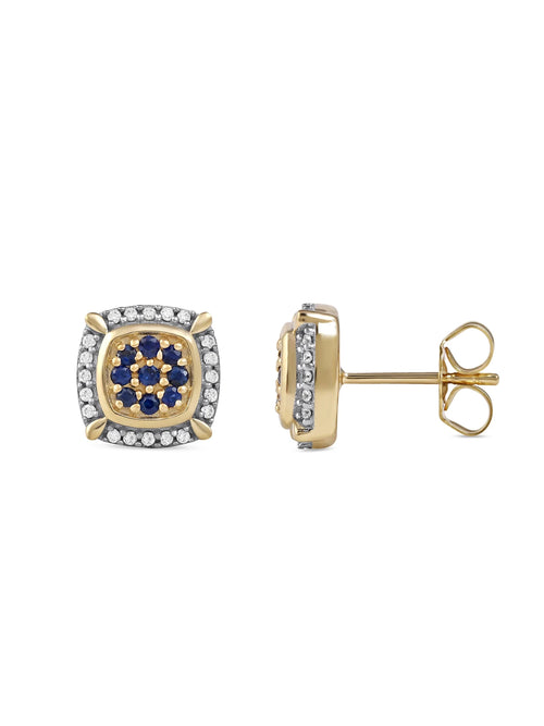 10k Yellow Gold Blue Sapphire Diamond Cluster Halo Stud Earrings T4313