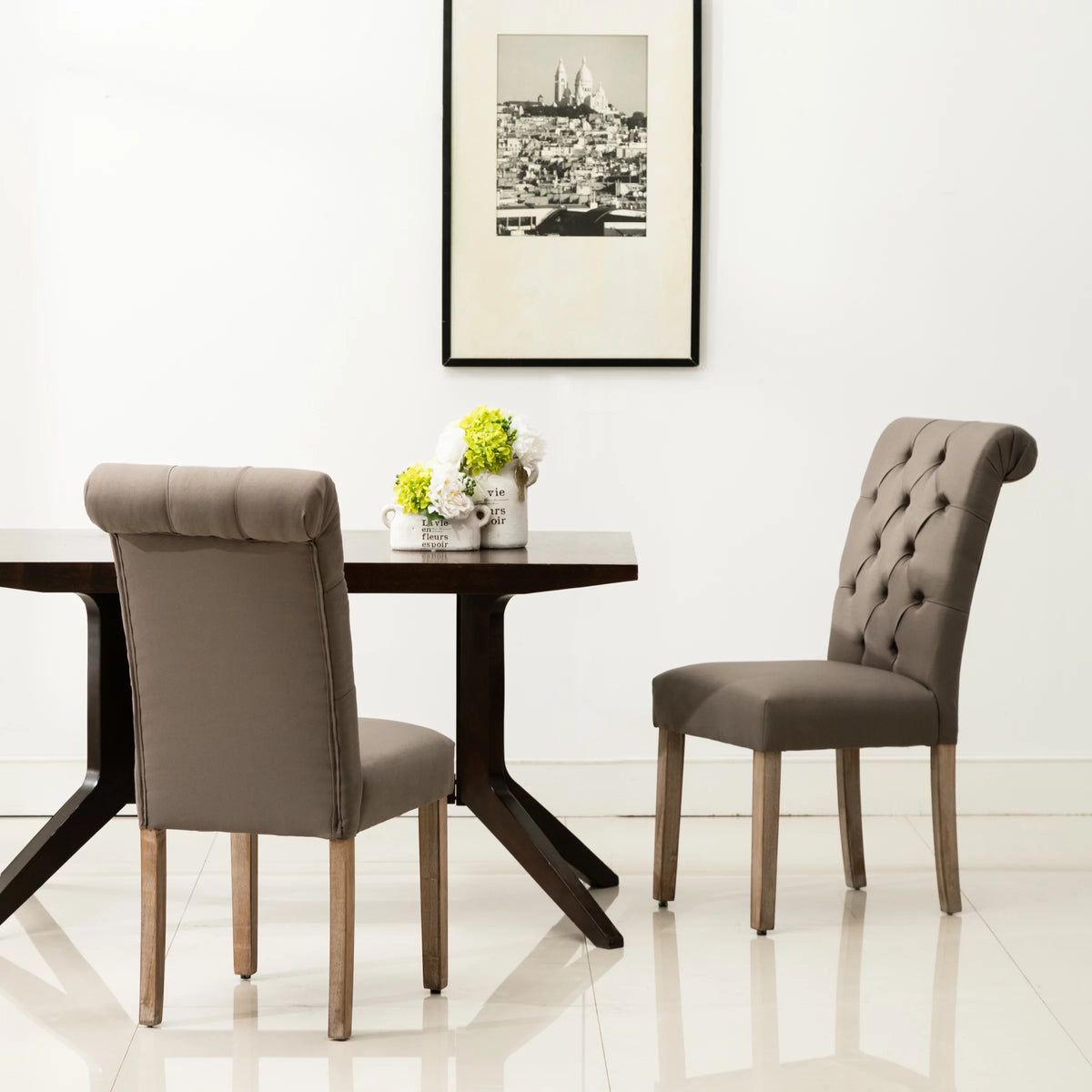 Grey Linen Fabric Tufted Dining Chair Set of 2 T84657