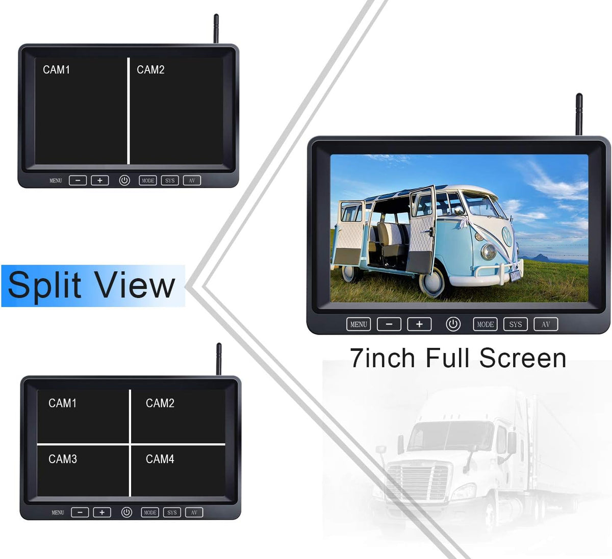 Wireless Backup Camera with 7 Inch DVR Quad Split Monitor, HD 1080P 3 Cameras Back Up System with Recording X7992