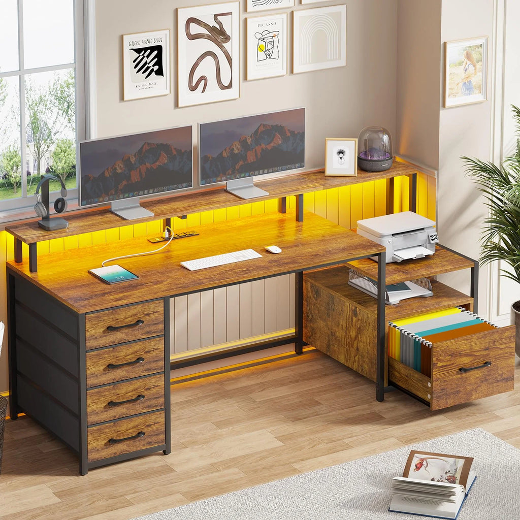66'' Computer Desk with 4 Drawer and Storage Shelves J310