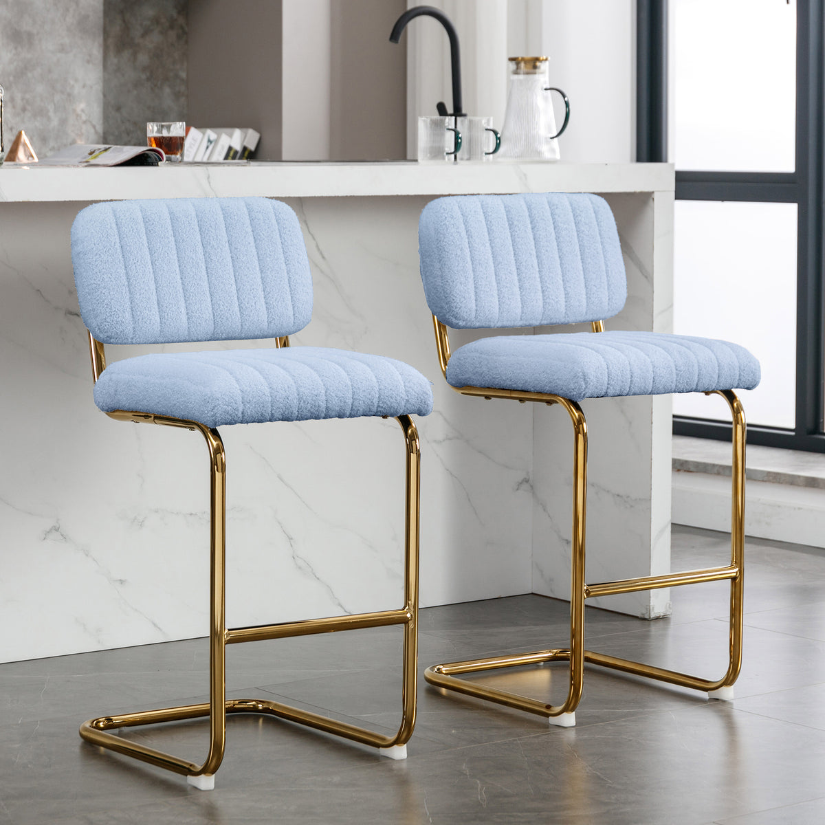 Blue Boucle Upholstered Bar Stools Set of 2 X630