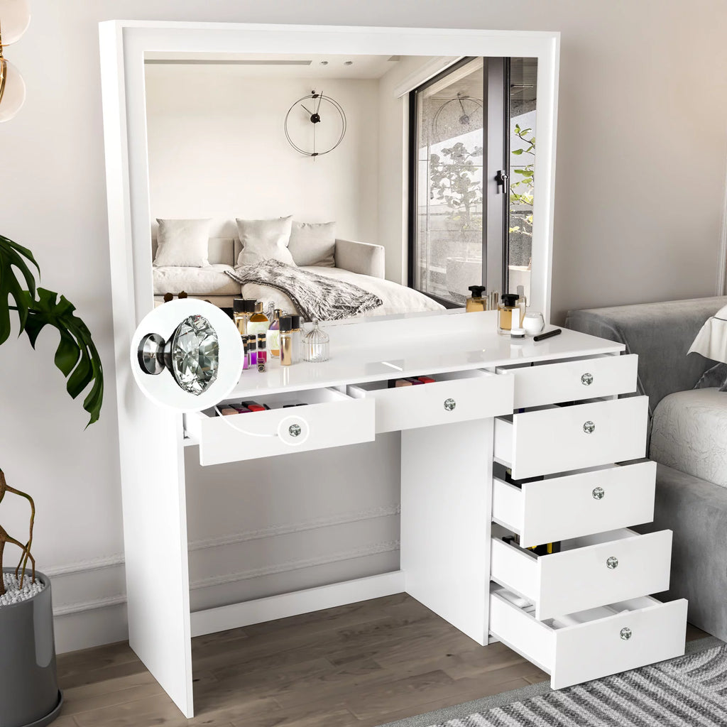 White Makeup Vanity Table with Crystal Knobs E302