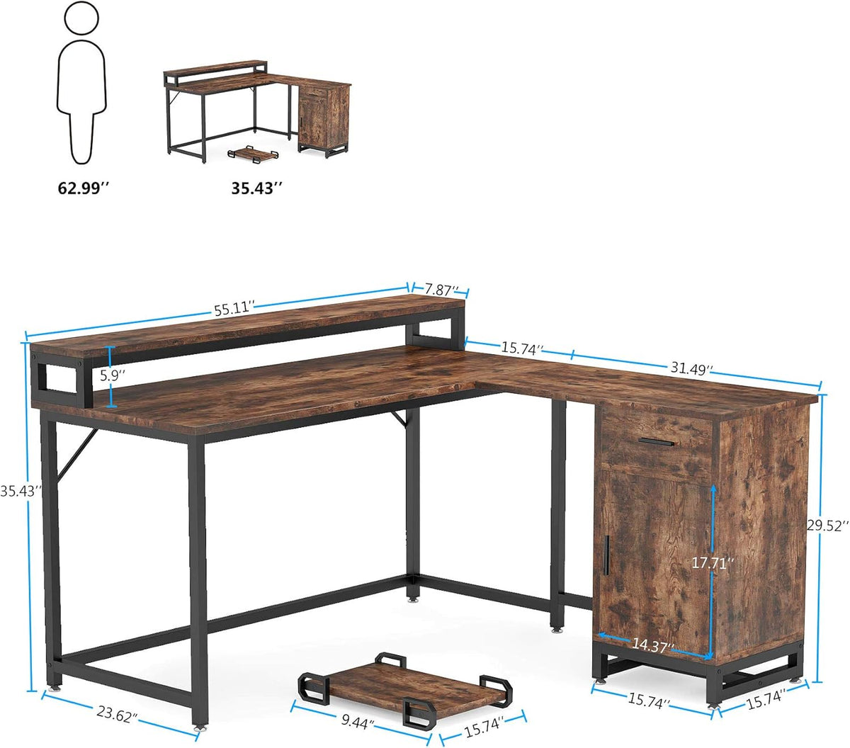 L Shaped Computer Desk with Drawer and Storage Cabinet D1509