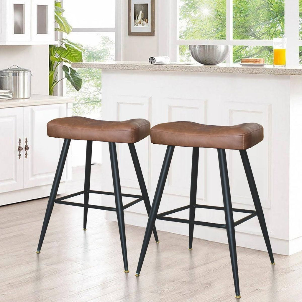 Brown Faux Leather Backless Metal Frame Saddle Counter Stool (Set of 2) E977537
