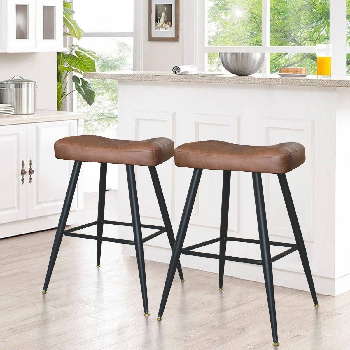 Brown Faux Leather Backless Metal Frame Saddle Counter Stool (Set of 2) E977537