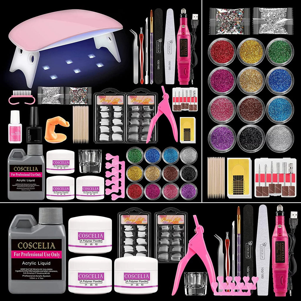 Acrylic Nail Kit with UV Light Nail Drill 3 Basic Color MMA Liquid Set X6794
