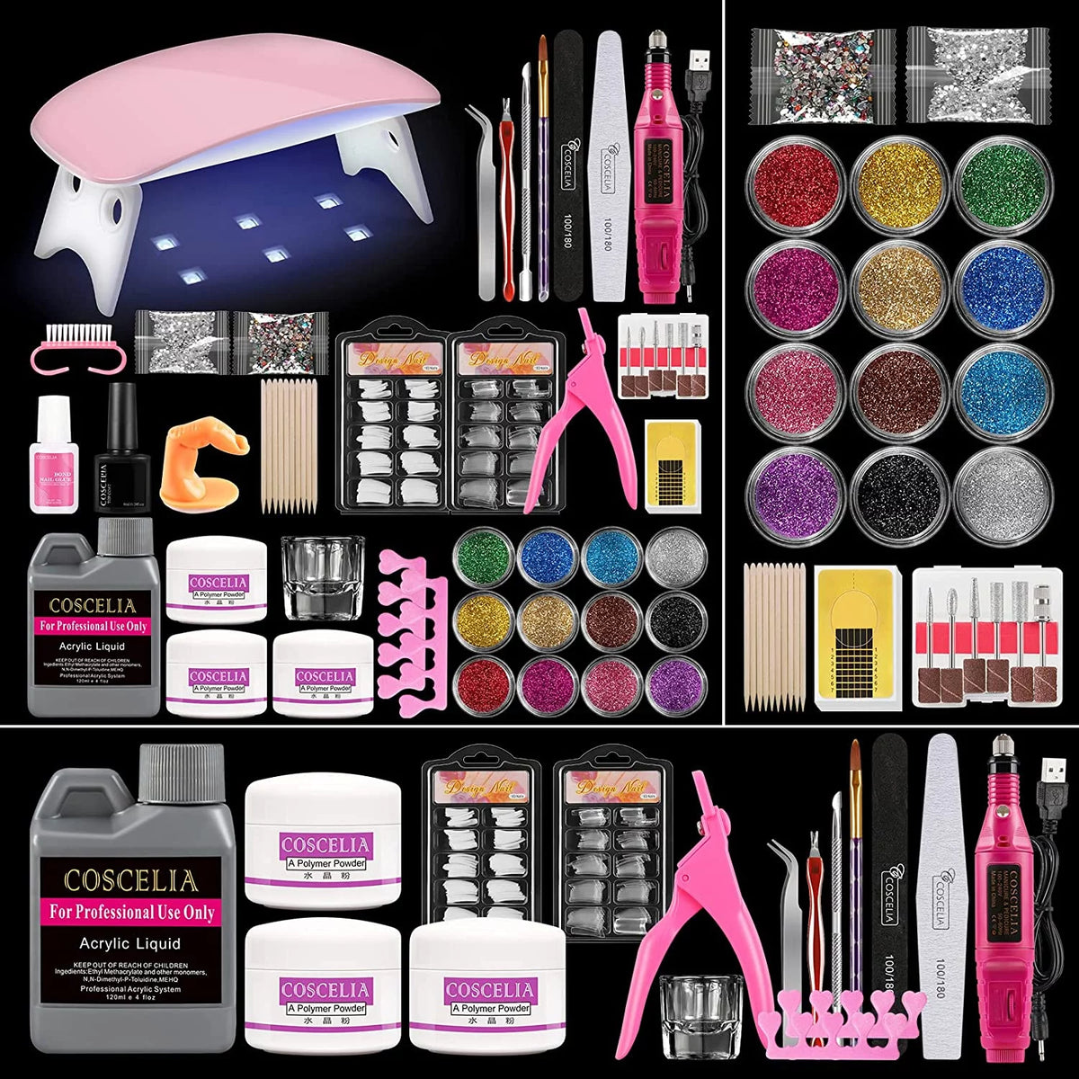 Acrylic Nail Kit with UV Light Nail Drill 3 Basic Color MMA Liquid Set X6794