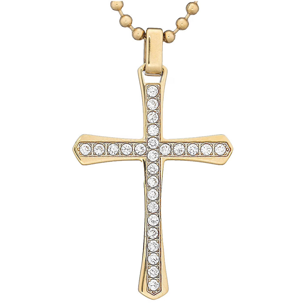 CZ Stainless Steel Gold-Tone Cross Pendant, 24" Chain Z6788