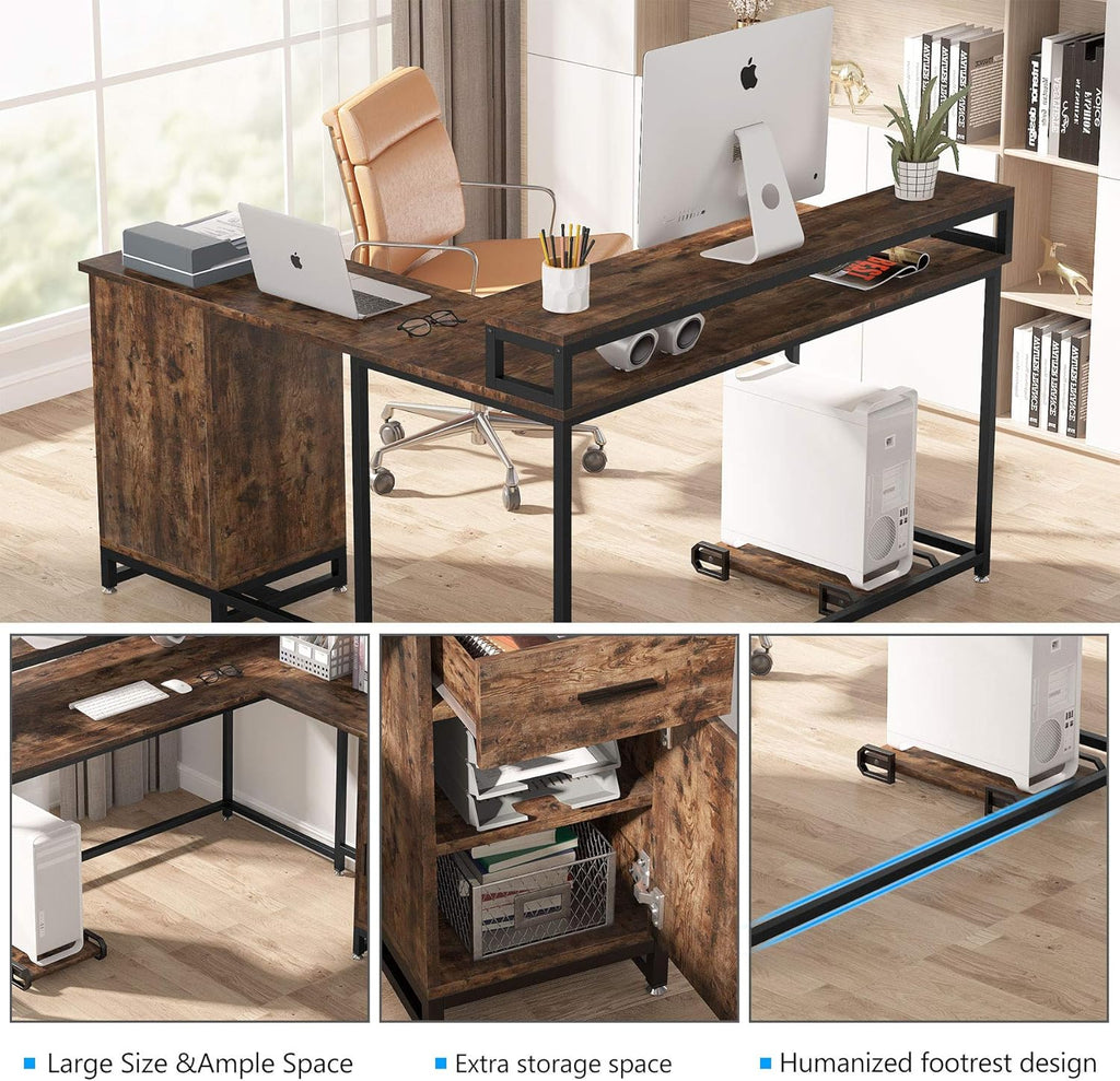 L Shaped Computer Desk with Drawer and Storage Cabinet D1509