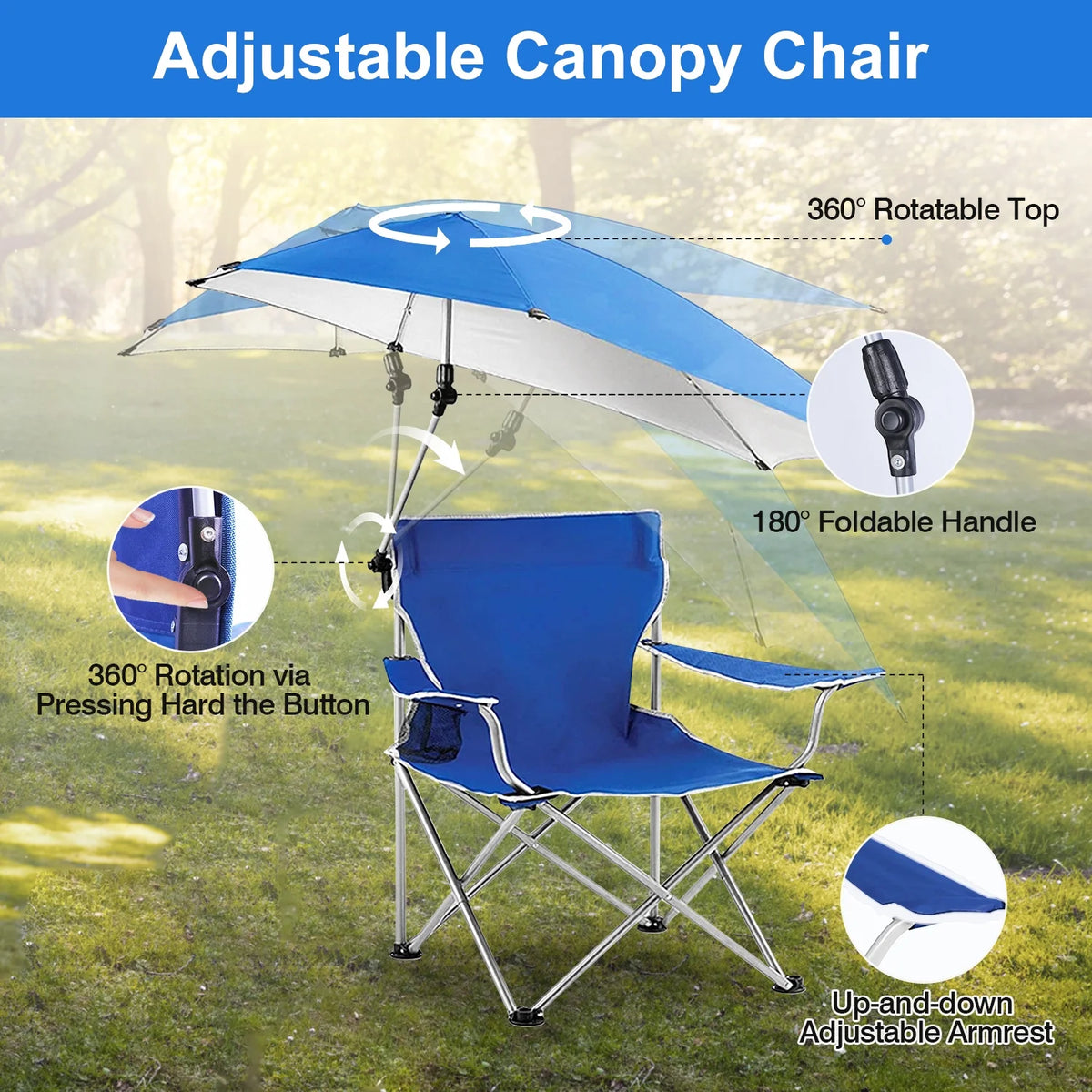 Blue Foldable Beach Chair with Detachable Umbrella Cup Holder Carry Bag X803037