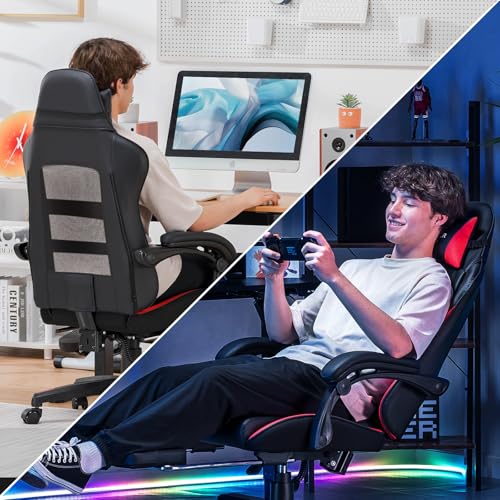 Black High Back Leather Ergonomic Gaming Chair with Footrest W408451