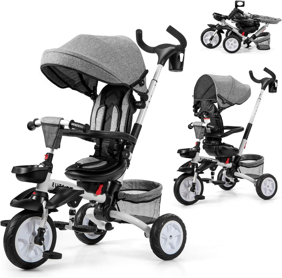 Gray 7-in-1 Folding Baby Tricycle with Rotatable Seat B86972