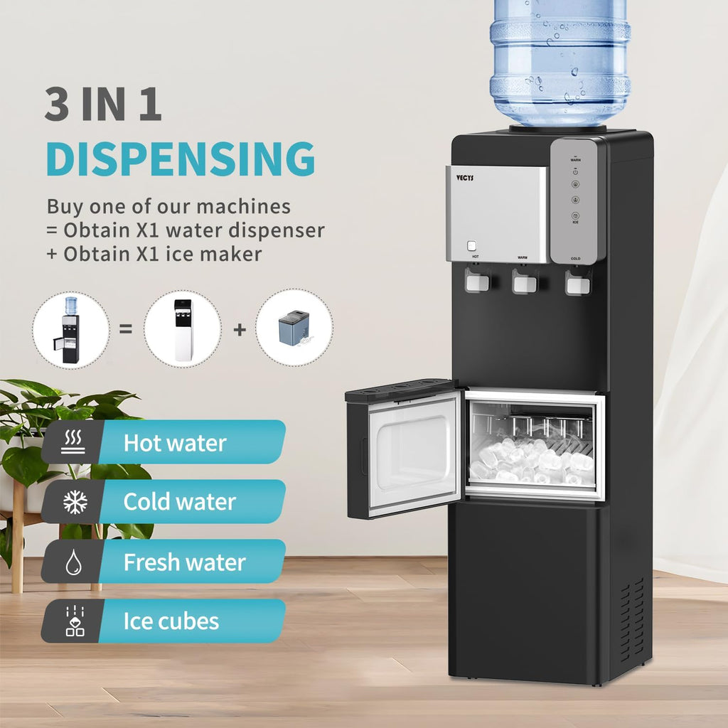 Water Dispenser Cooler with Ice Maker, 27LBS Daily Ice Making, Hot Cold Water, Child Safety Lock, Compatible with 3 or 5 Gallon Bottles I444813