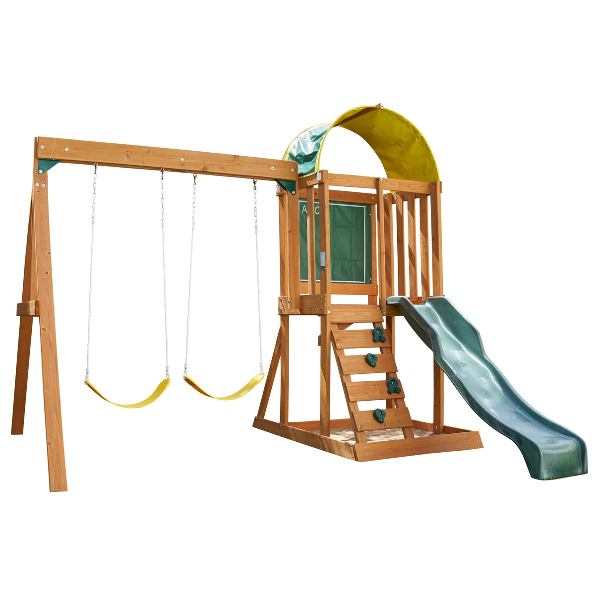 Wooden Outdoor Swing Set with Slide and Rock Wall V6844