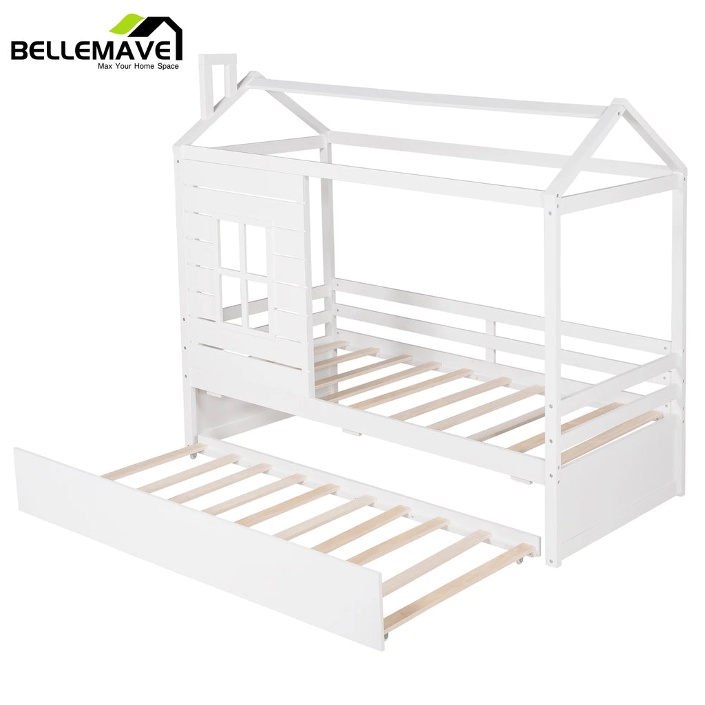 White Wood Twin Size House-Shaped Platform Bed with Trundle R382426