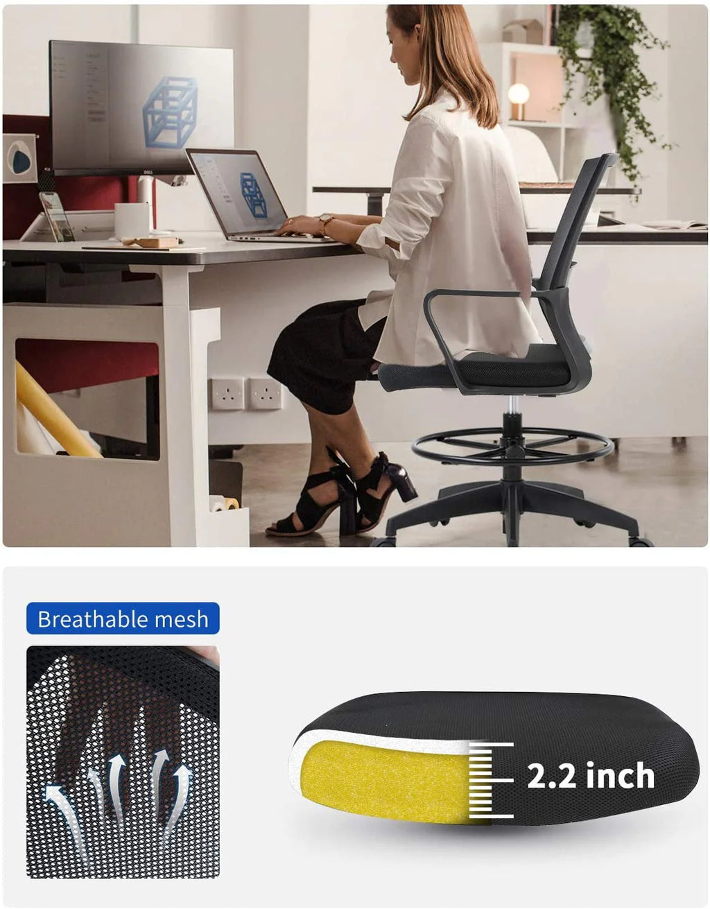 Black Adjustable Mesh Drafting Chair with Lumbar Support Q80427
