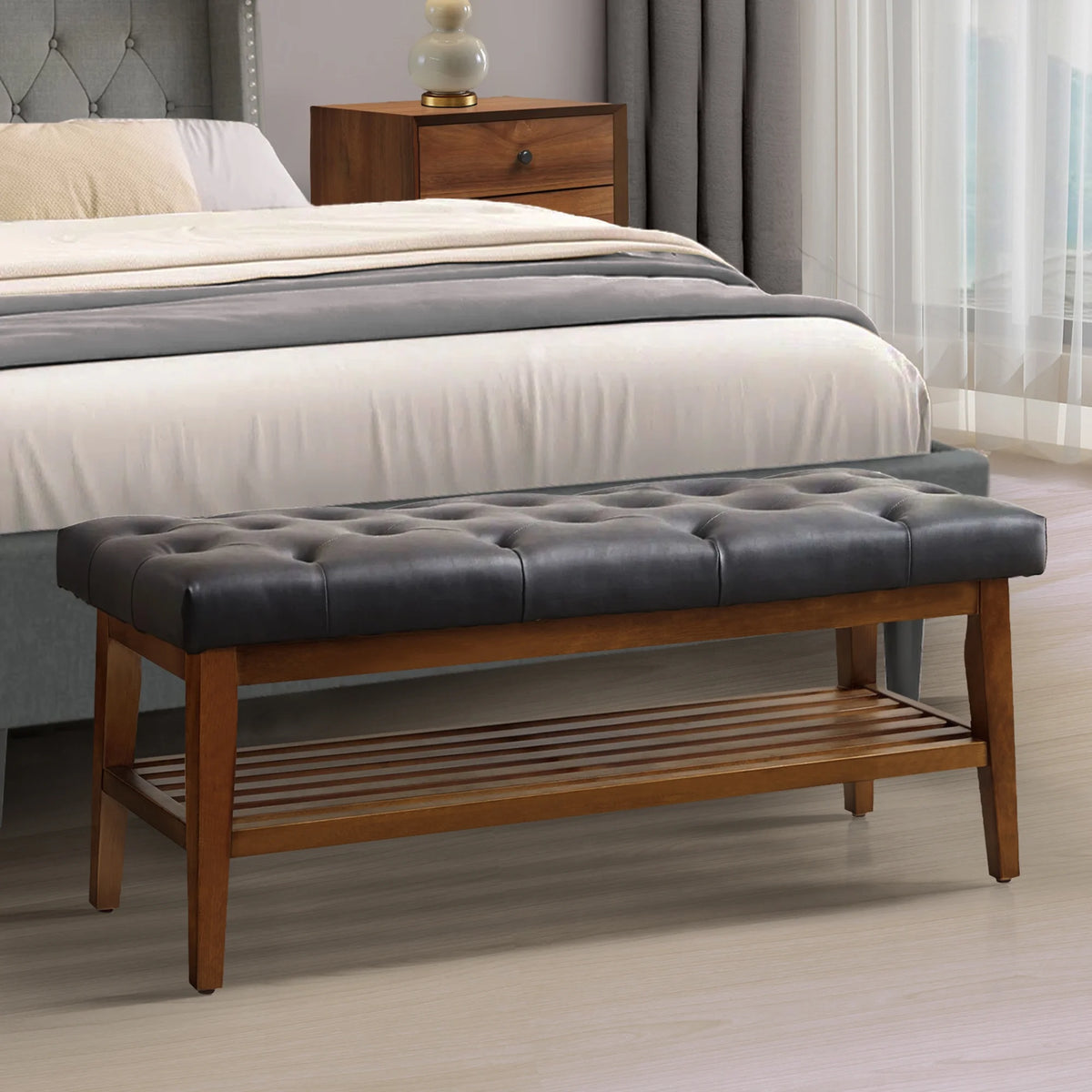 Black Button-Tufted Upholstered Shoe Bench with Solid Wood Shelf J731869
