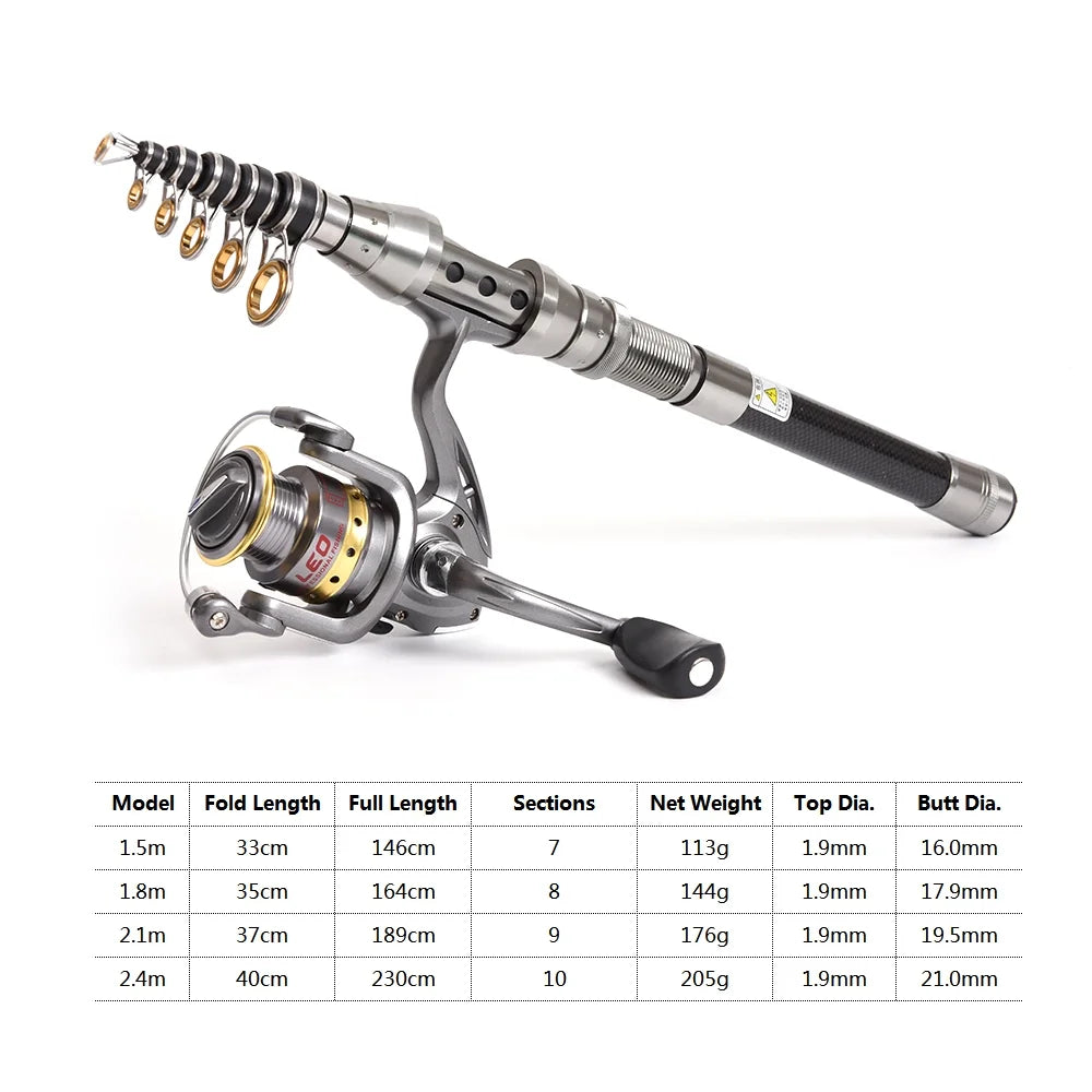Telescopic Fishing Rod and Reel Combo Full Kit with 100M Fishing Line Lures Hooks Jig Head and Carrier Bag Case U234