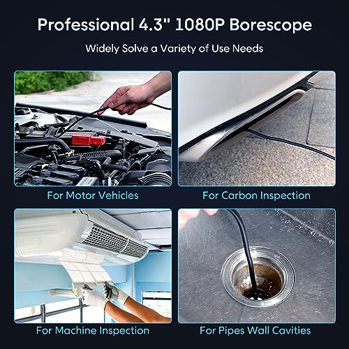 Handheld Borescope 4.3'' HD 1080P Endoscope with 50ft Semi-Rigid Cable X9919