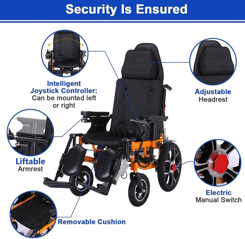 Reclining Foldable Electric Wheelchair with Adjustable Backrest and Pedal, 500W Motor, 20 Mile Range, 12AH Lithium Battery V949246