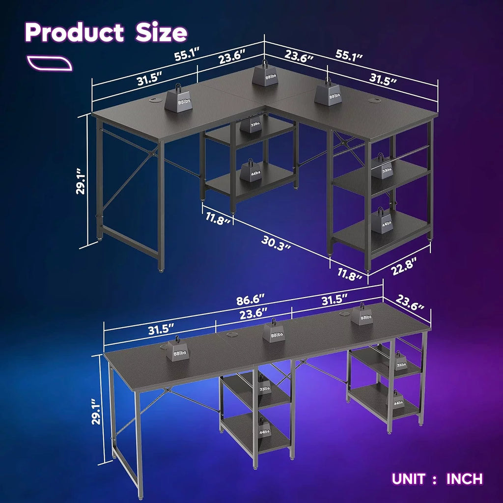 86.6 inch L-Shaped Reversible Computer Desk with Shelves I1110