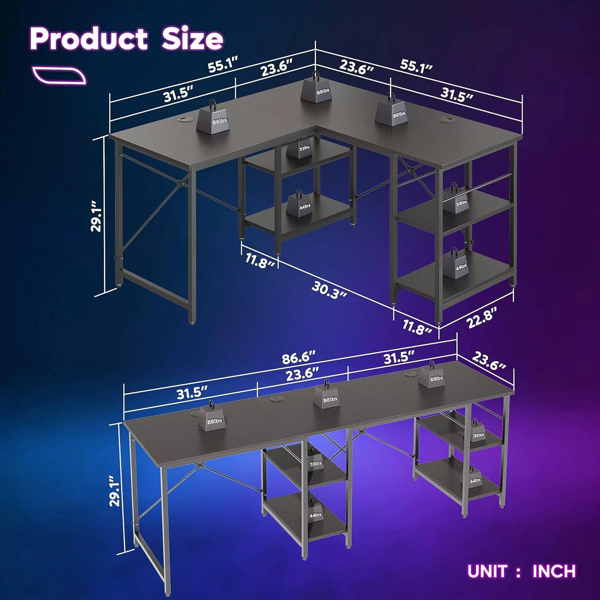 86.6 inch L-Shaped Reversible Computer Desk with Shelves I1110