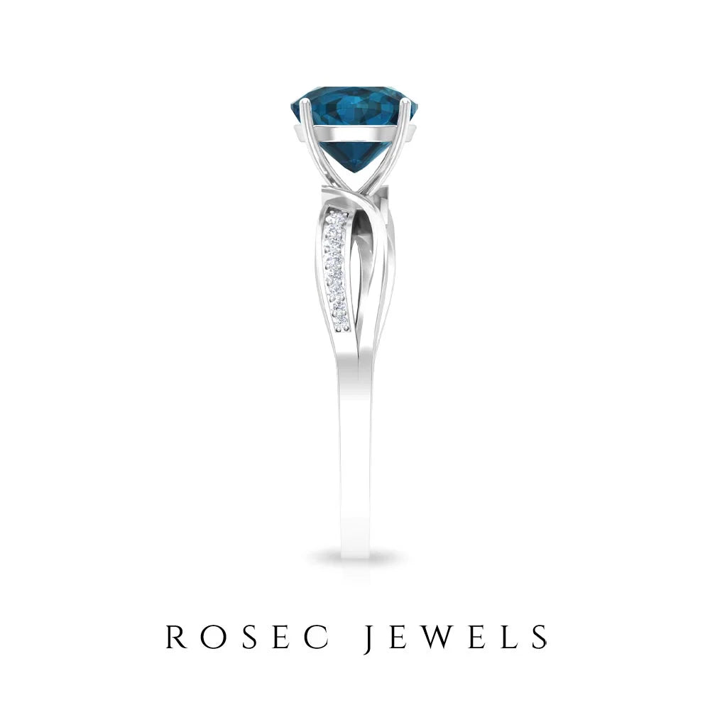 1.50 CT Cushion Cut London Blue Topaz Solitaire and Diamond Ring, 925 Sterling Silver, US 4.00 O20175