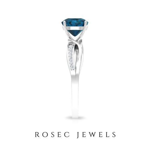 1.50 CT Cushion Cut London Blue Topaz Solitaire and Diamond Ring, 925 Sterling Silver, US 4.00 O20175