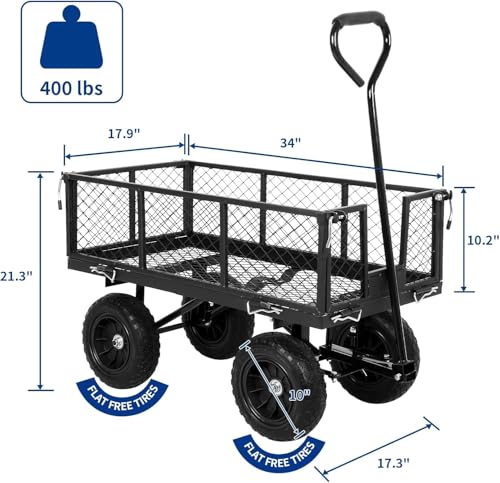 Black 10" Flat Free Tires Steel Garden Cart with Removable Sides A825455