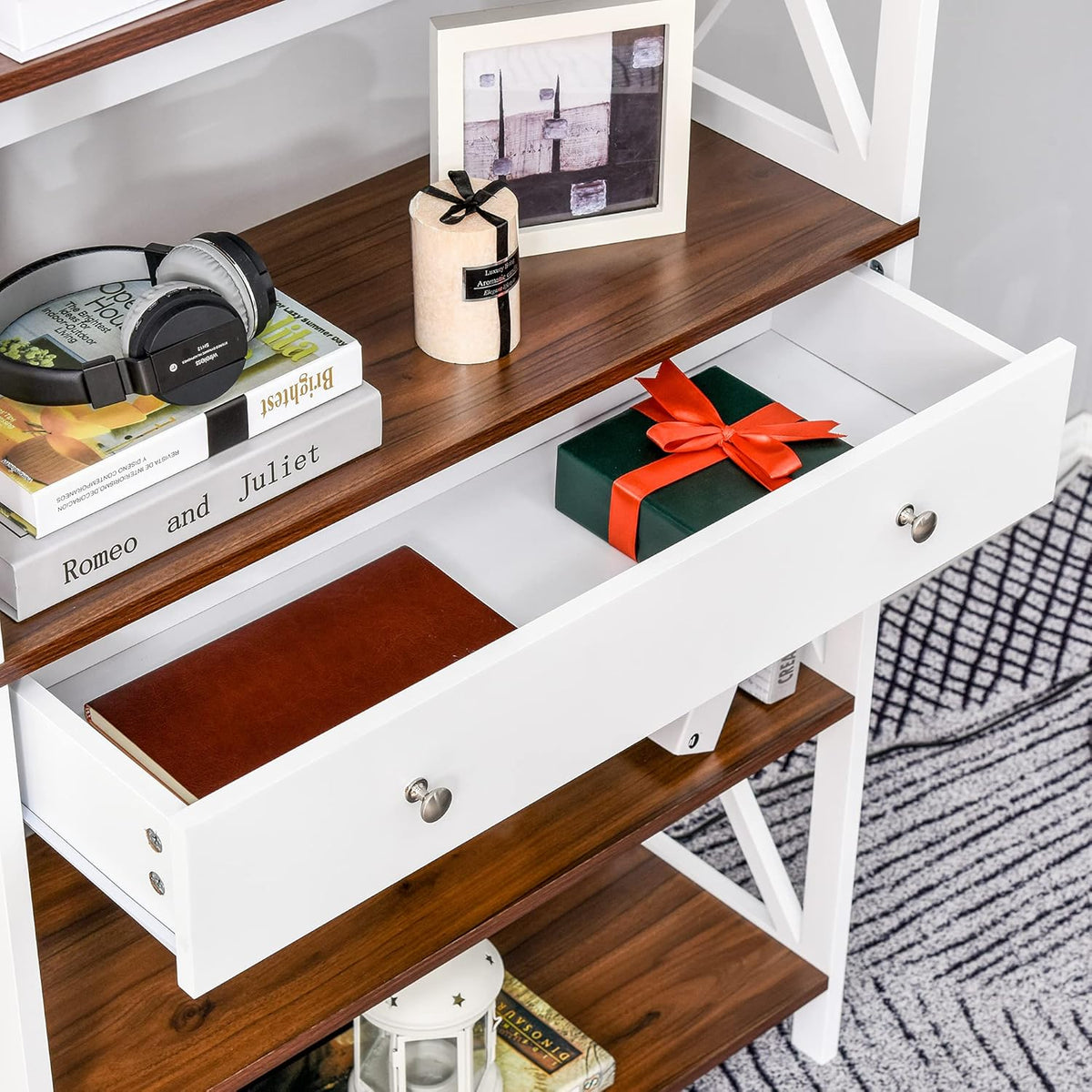 White 4-Tier Shelving Bookcase with Pull Out Drawer K913594