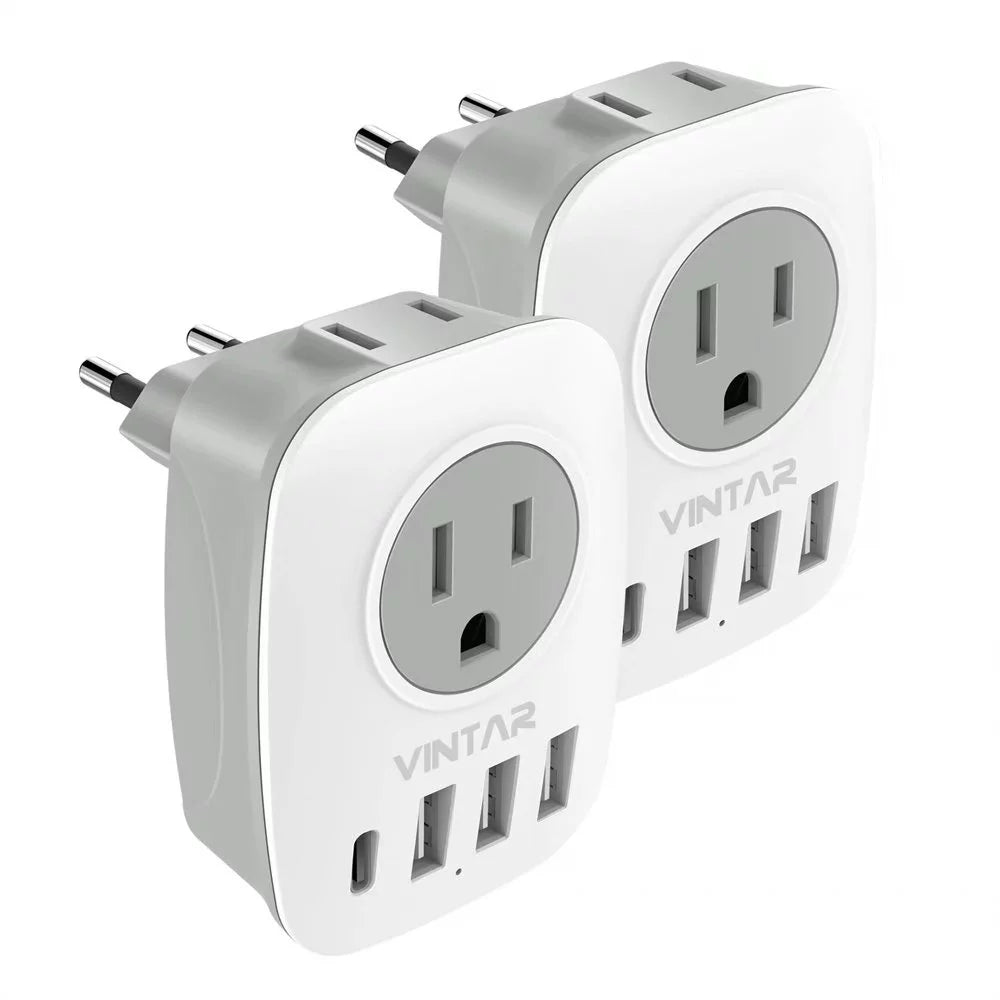 European Travel Plug Adapter with 1 USB C, 2 Outlets and 3 USB Ports, 2 Pack Q310