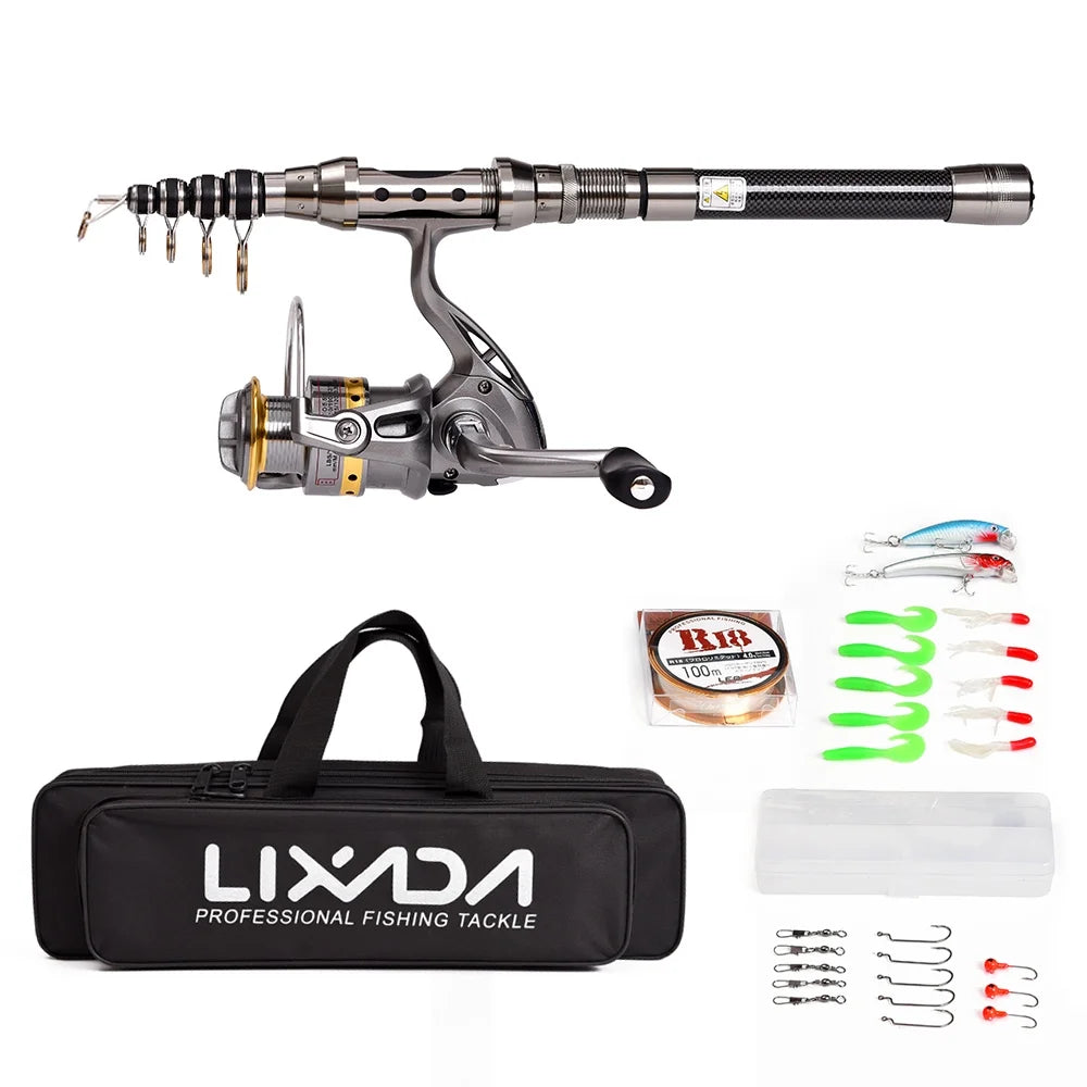Telescopic Fishing Rod and Reel Combo Full Kit with 100M Fishing Line Lures Hooks Jig Head and Carrier Bag Case U234
