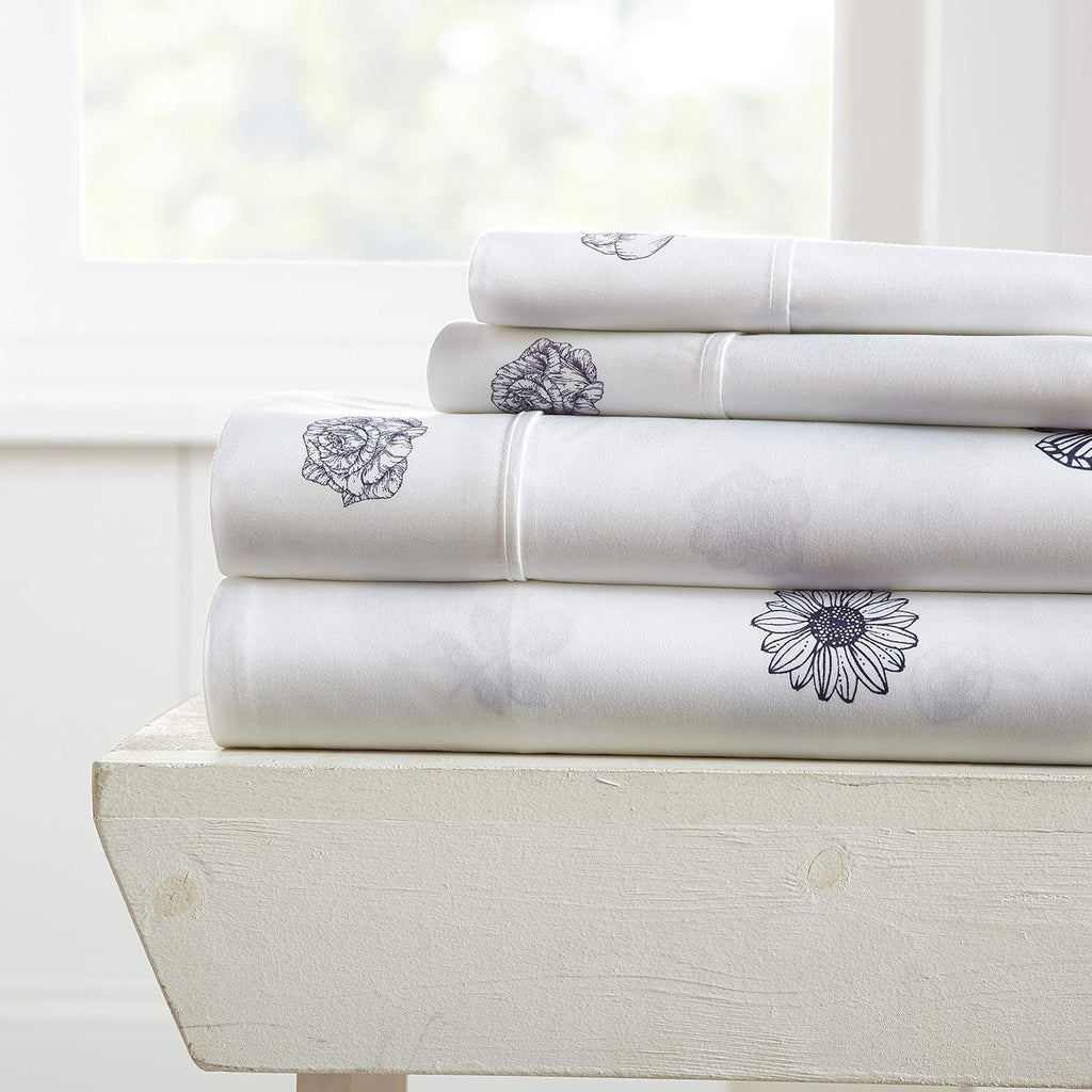 Rose Pattern 4 Piece Bed Sheet Set Queen Light Gray B561