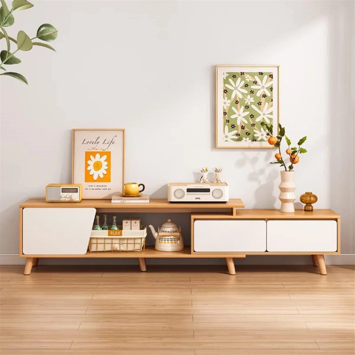 White Oak Adjustable Wooden TV Stand with 2 Drawers 1 Door G36871