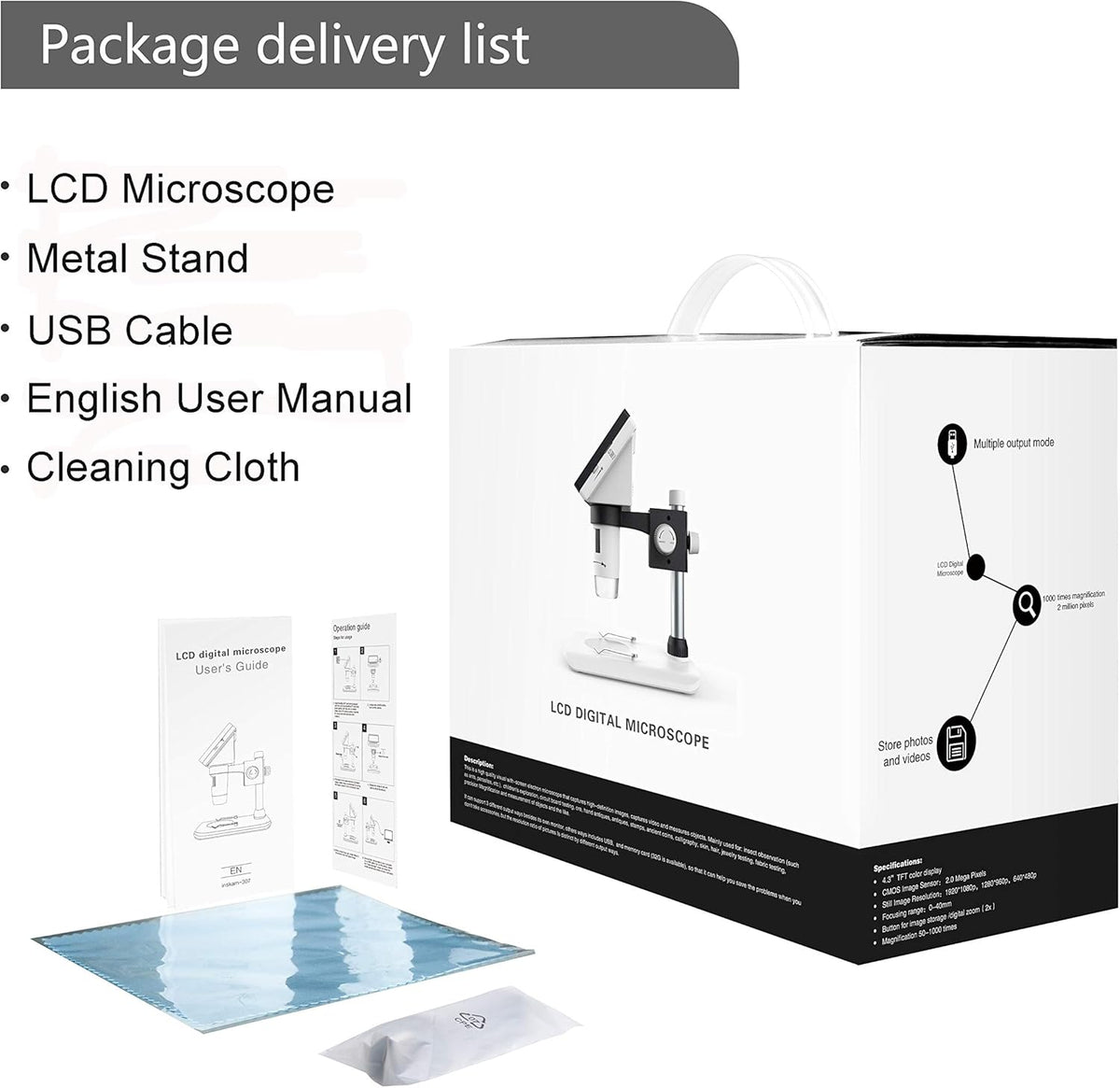 4.3 inch 50X-1000X Magnification HD 2 Megapixels USB Microscope with 32G TF Card H124