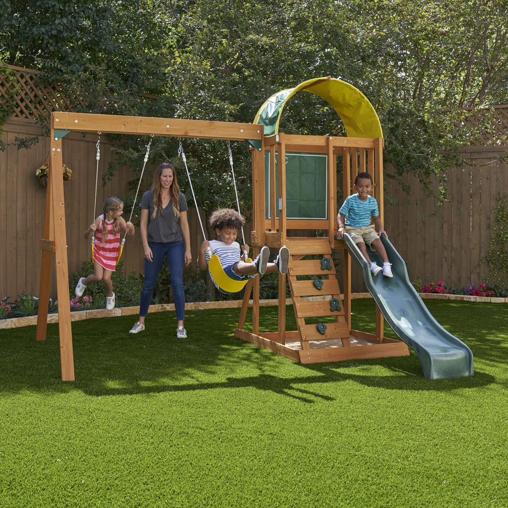 Wooden Outdoor Swing Set with Slide and Rock Wall V6844