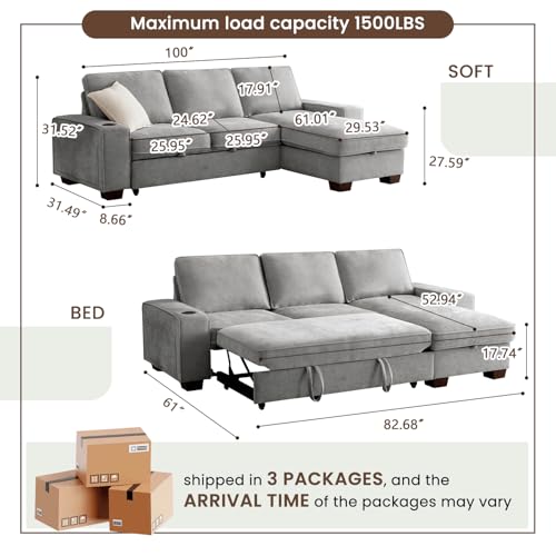 99" Convertible Sleeper Sofa Bed L Shaped with Storage Chaise Pull Out Couch Chenille Covers (Gray) S5371