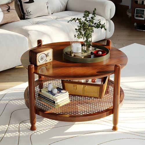 32" Round 2-Tier Wood Coffee Table with Rattan Storage Shelf U343304