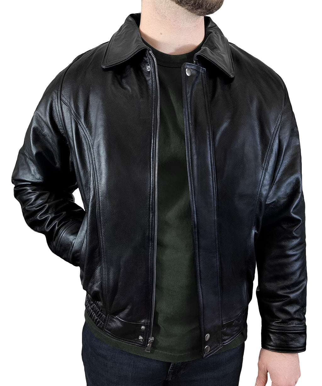 Black Genuine Leather Bomber Jacket Y371