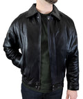 Black Genuine Leather Bomber Jacket Y371