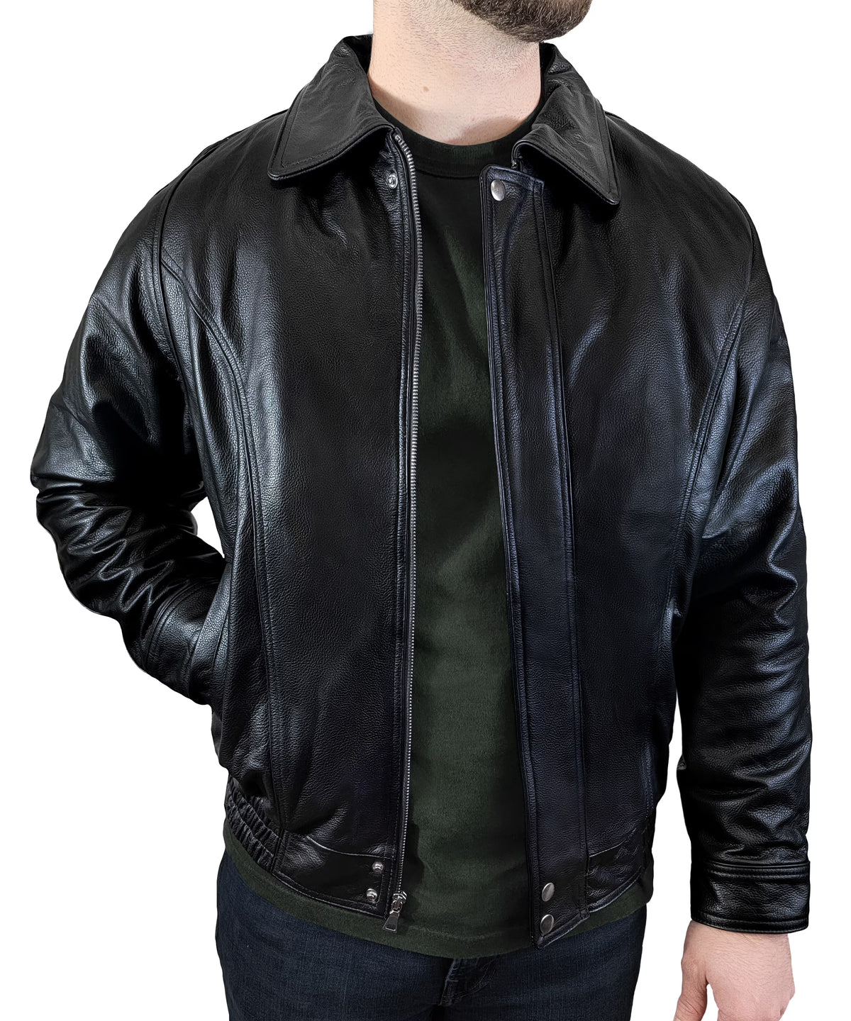 Black Genuine Leather Bomber Jacket Y371