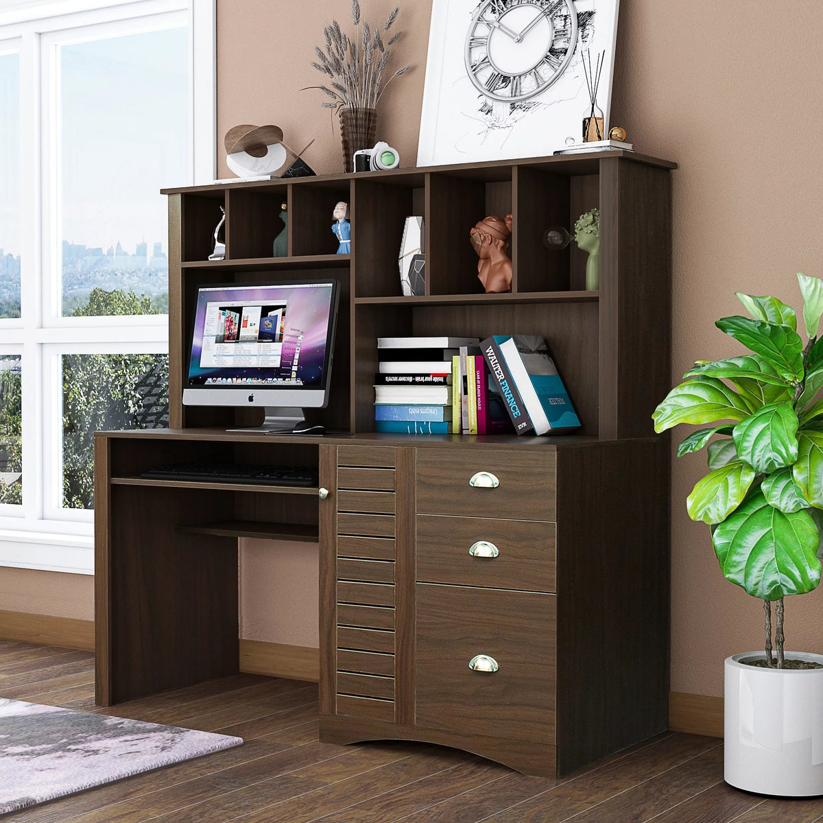 Computer Desk with Hutch Walnut Finish J22695