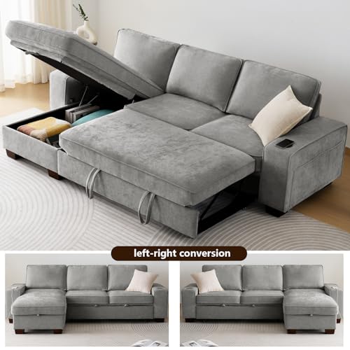 99" Convertible Sleeper Sofa Bed L Shaped with Storage Chaise Pull Out Couch Chenille Covers (Gray) S5371
