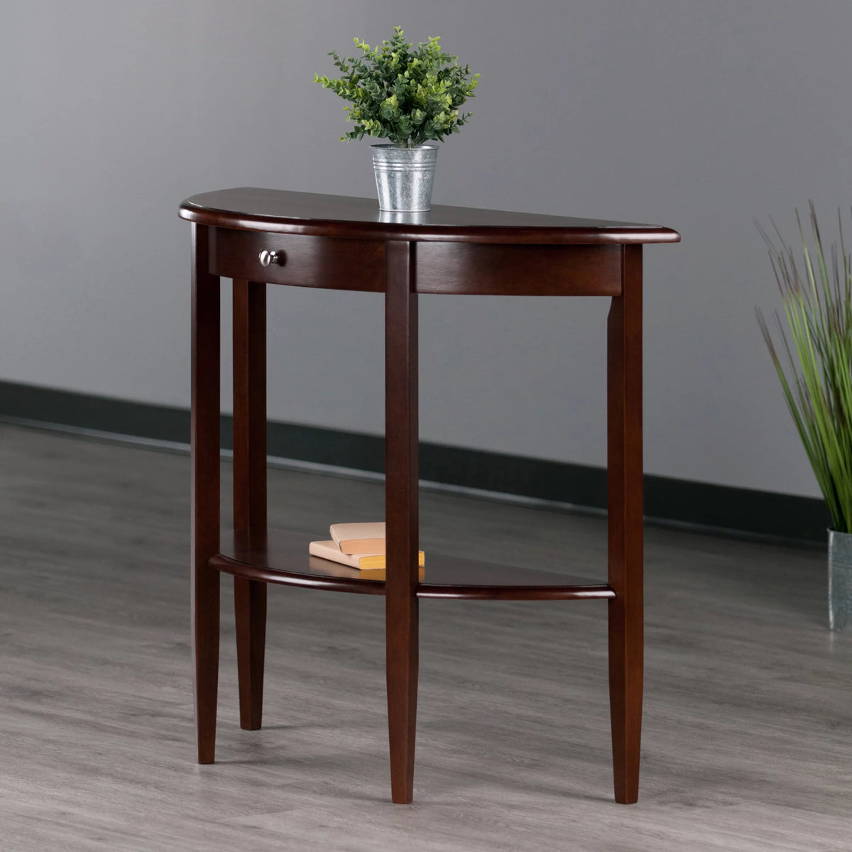 Walnut Half Moon Console Table with Drawer and Shelf N157063