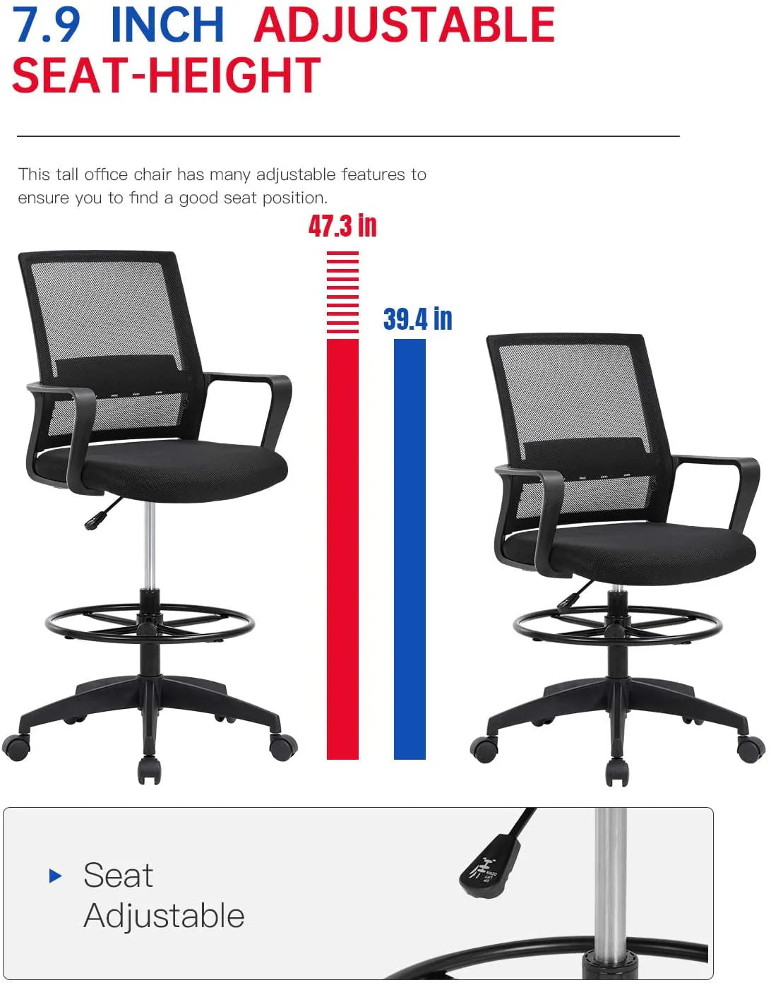 Black Adjustable Mesh Drafting Chair with Lumbar Support Q80427